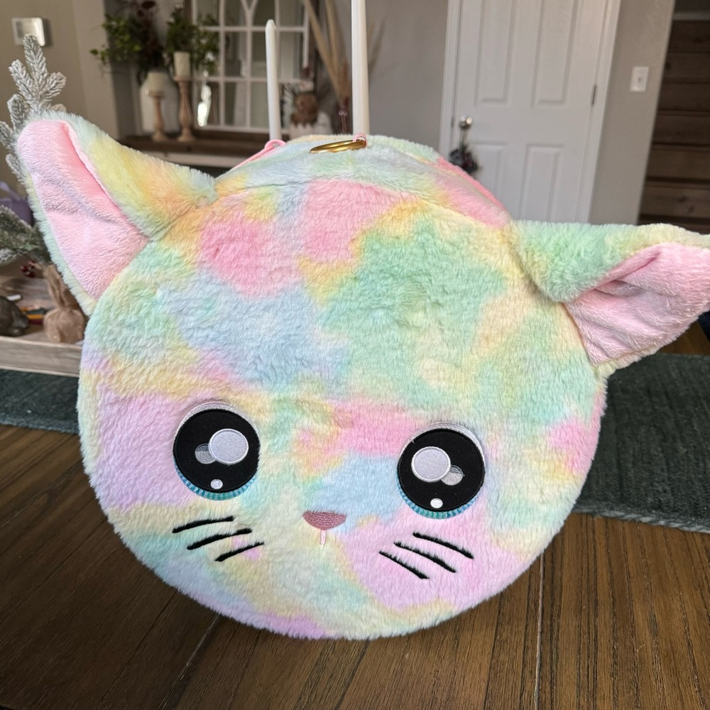 Tie dye kitty fuzzy round bag container